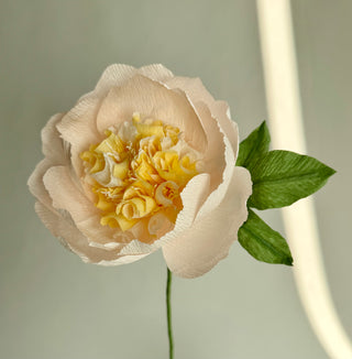 a row of pale pink petals surrounds the fluffy ivory and buttercream interior of textured crepe paper to mimic the look and feel of this springtime gem